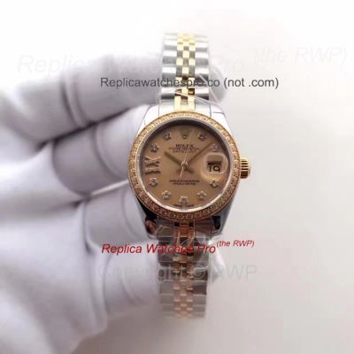 Ladies Rolex Two Tone Datejust Diamond Bezel Gold Dial 26mm Replica Watch